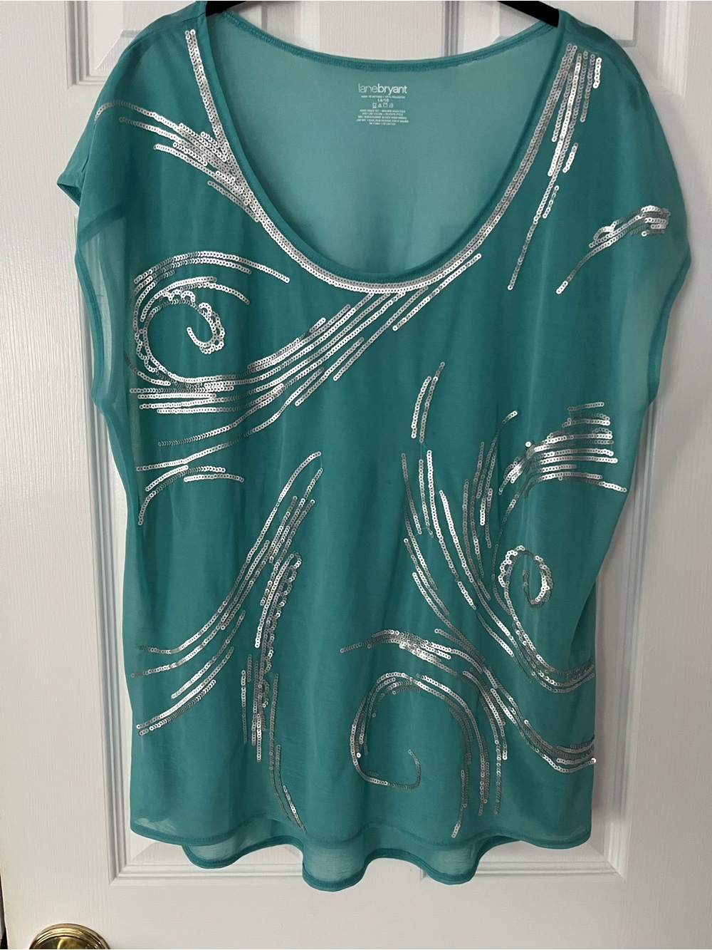 Lane Bryant Teal Sheer Scoop Neck Sequin Swirl Tunic